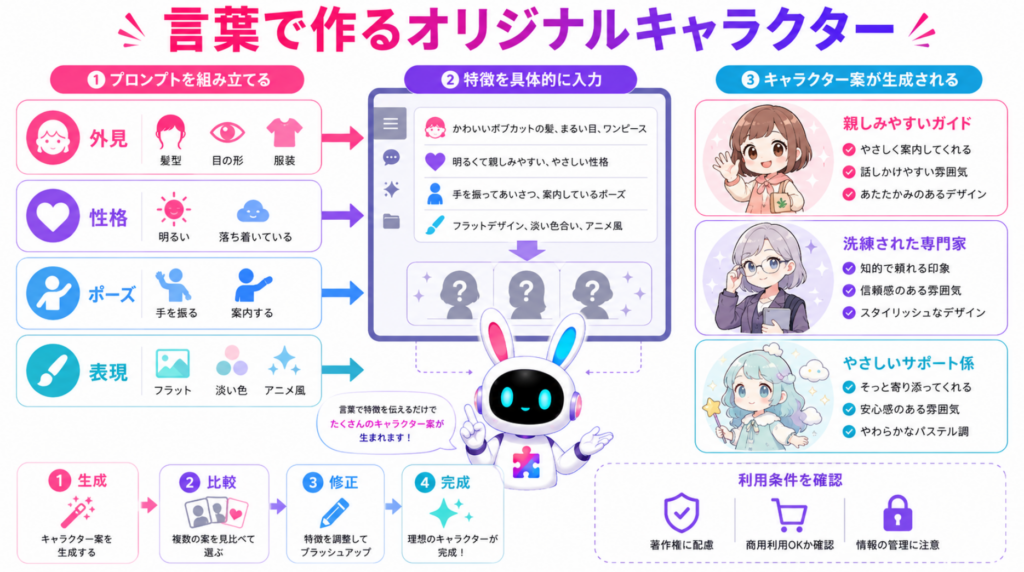 キャラクターイラスト簡単書き方で作った自作キャラをPITALIyのAIアバター接客に活用する図