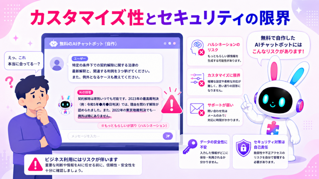 AIチャットボット 無料 作り方で自作したツールのカスタマイズ性とセキュリティの落とし穴を示すイメージ