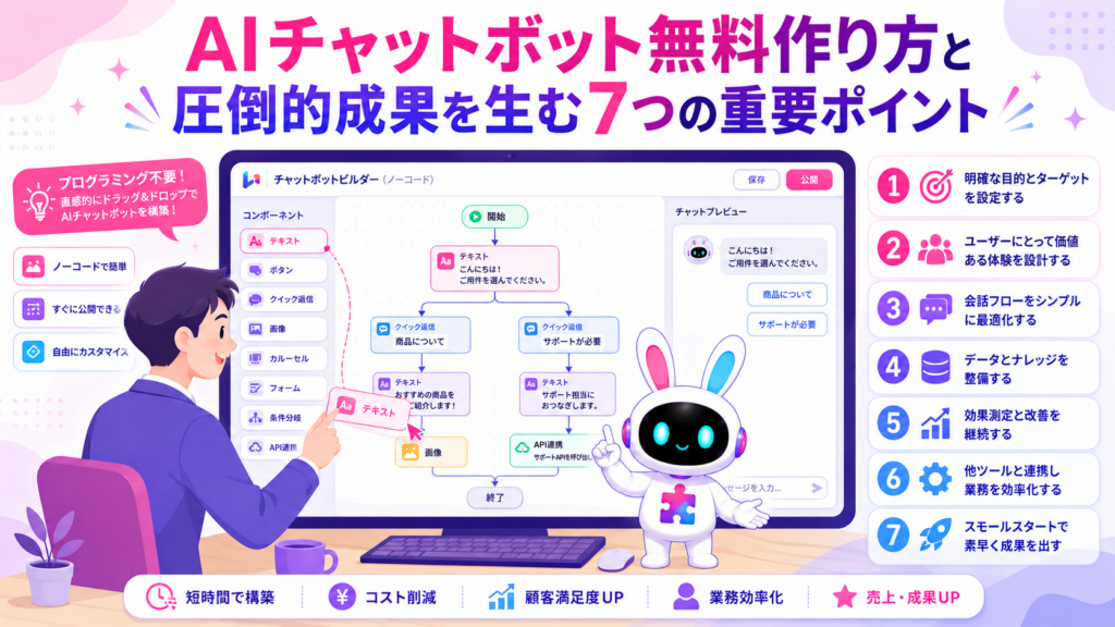 AIチャットボット 無料 作り方でノーコードツールを操作するイメージ