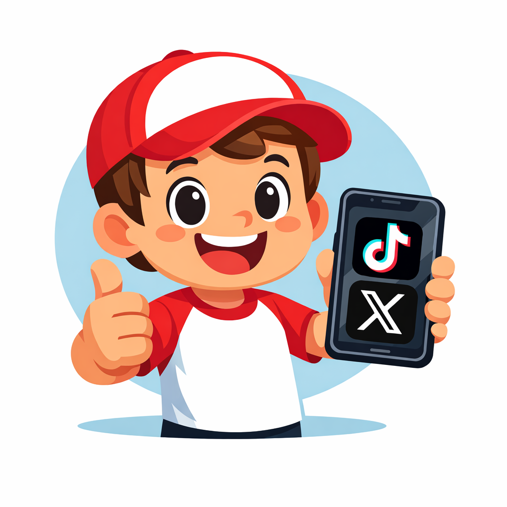 SNSアイコンが表示されたスマートフォンを持つ企業キャラクターのイラスト