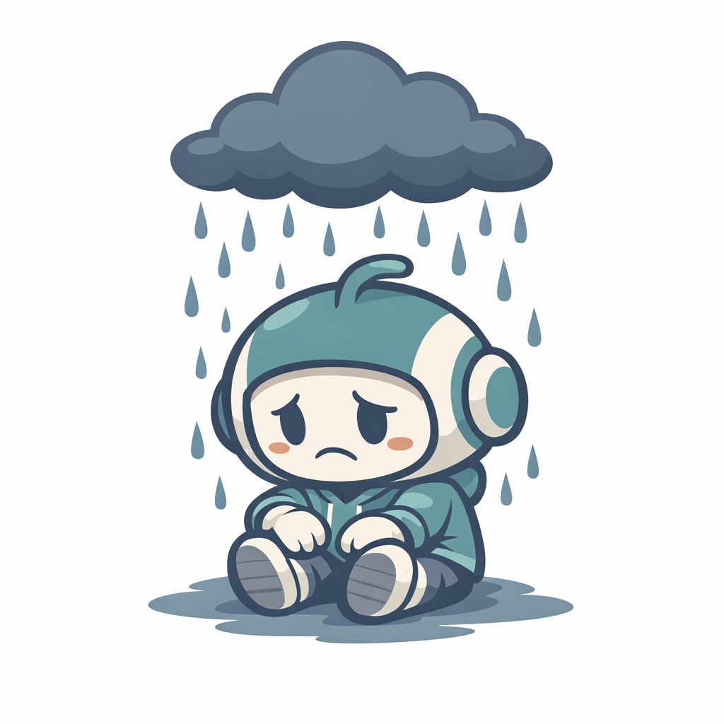 雨雲の下で悲しんでいる企業キャラクターのイラスト