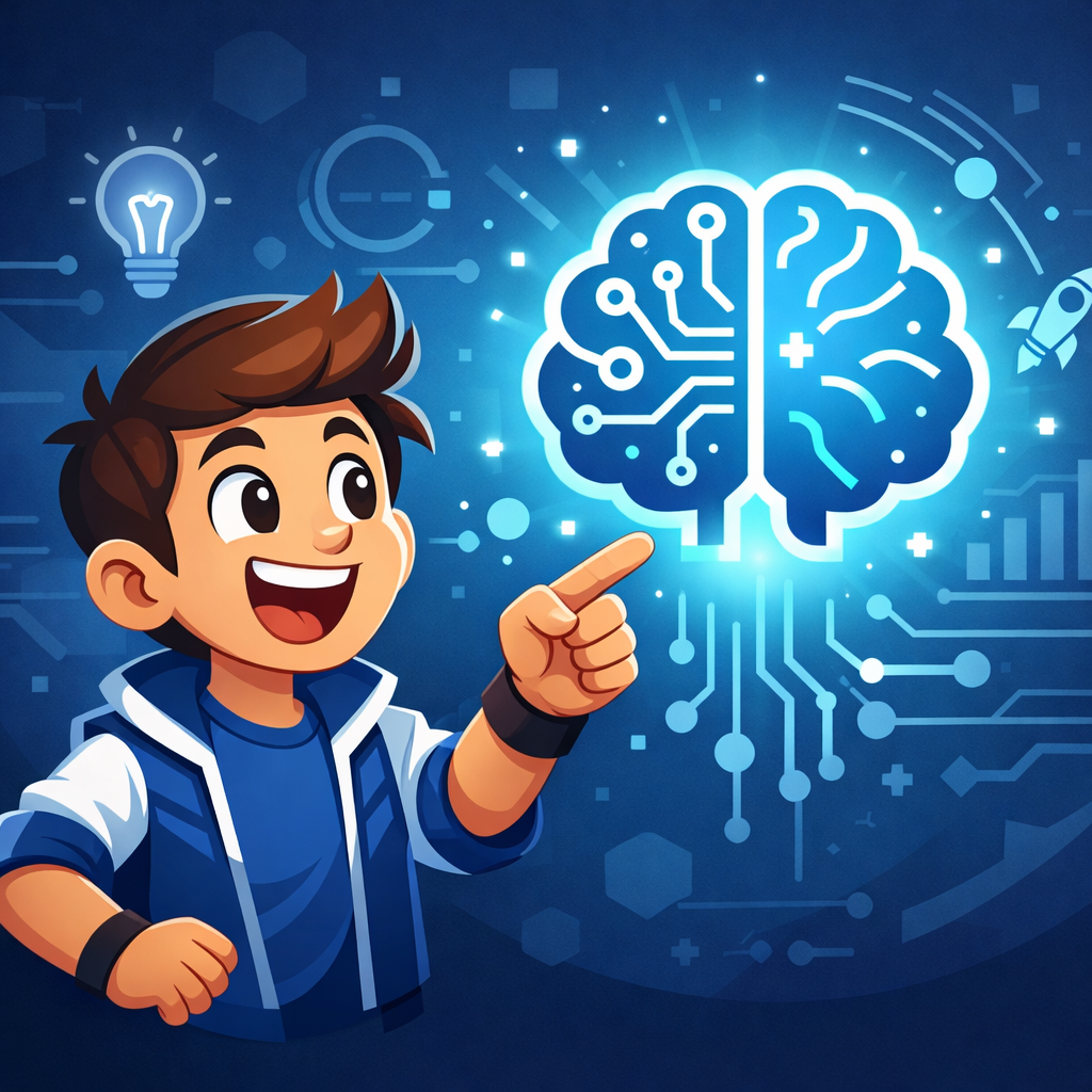 AIを象徴するアイコンと交流する企業キャラクターのイラスト
