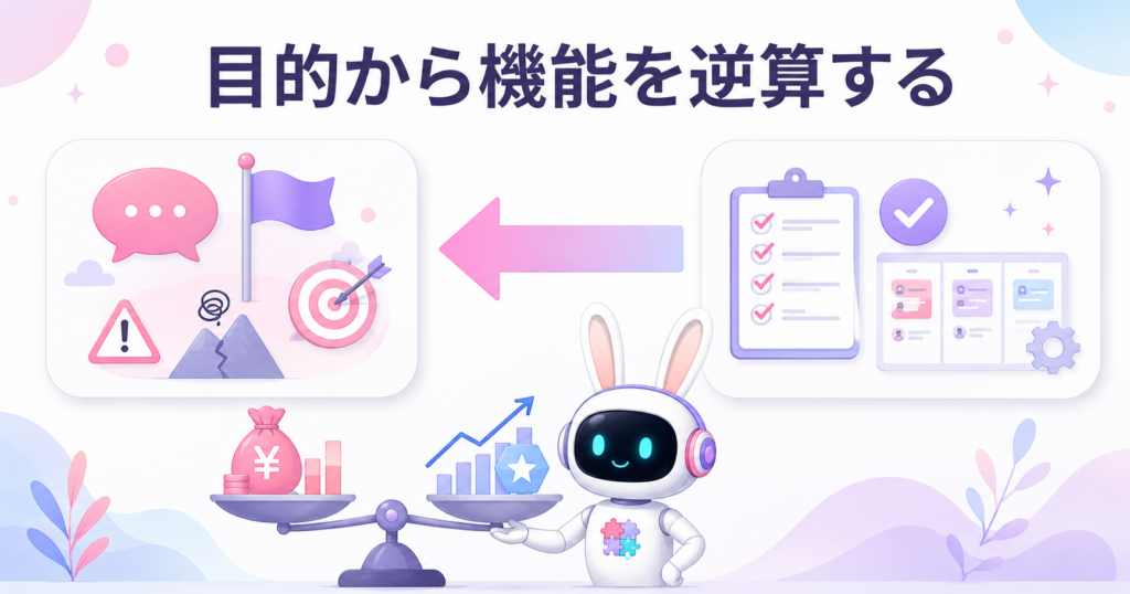 AIチャットボット 比較で失敗しないために目的から必要機能を逆算するイメージ