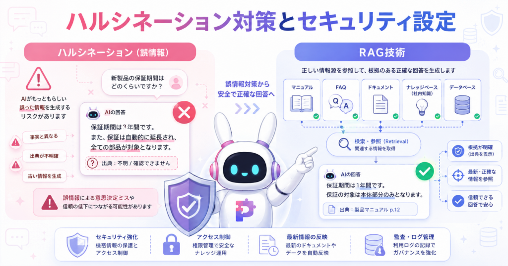 ChatGPT チャットボットのハルシネーションリスクをRAG技術で対策するセキュリティイメージ