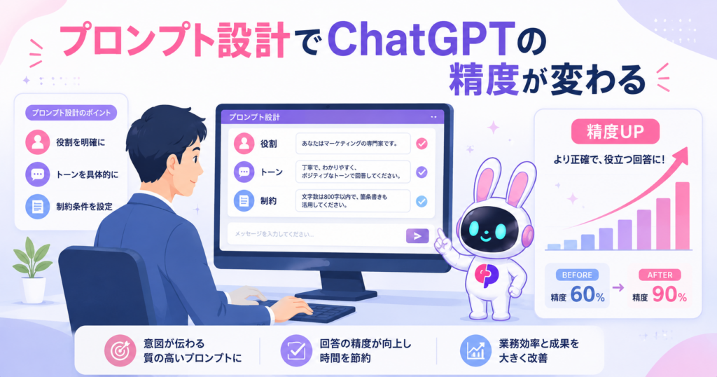 ChatGPT チャットボットのプロンプト設計で回答精度を高める方法を示すイメージ