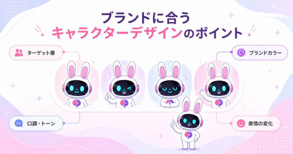 AIチャットボット キャラクターのアイコンデザインで押さえるべきターゲット・カラー・トーン・表情の4つのポイントを示すイメージ