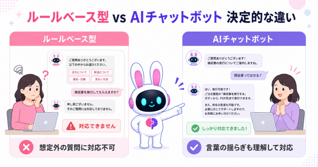 
AIチャットボットとはルールベース型と異なり自然言語処理で文脈を理解し柔軟に対応できる仕組みを示す比較イメージ