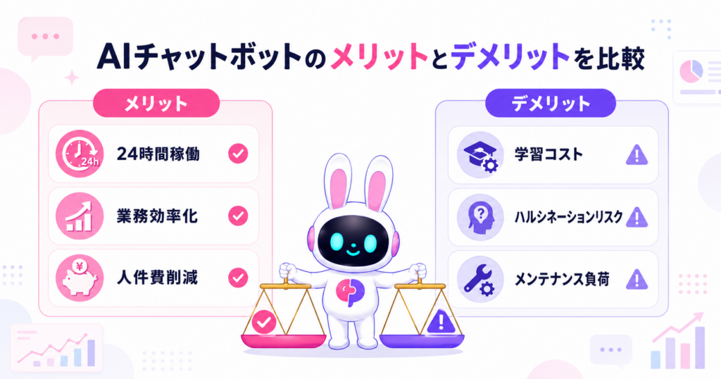 AIチャットボットとは24時間対応や業務効率化のメリットと学習コストやハルシネーションのデメリットを併せ持つシステムであることを示すイメージ