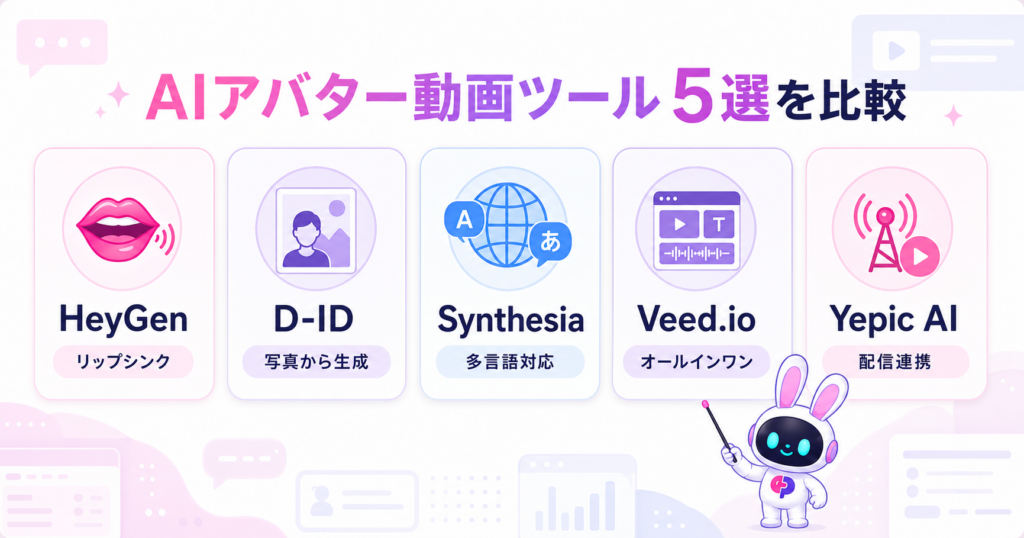 AIアバターが動画で喋るおすすめツールをHeyGen・D-ID・Synthesia・Veed.io・Yepic AIの5選で比較したイメージ