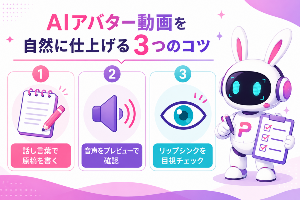 AIアバターが動画で自然に喋るコンテンツを仕上げるための原稿作成・音声確認・リップシンクチェックの3つのコツを示すイメージ