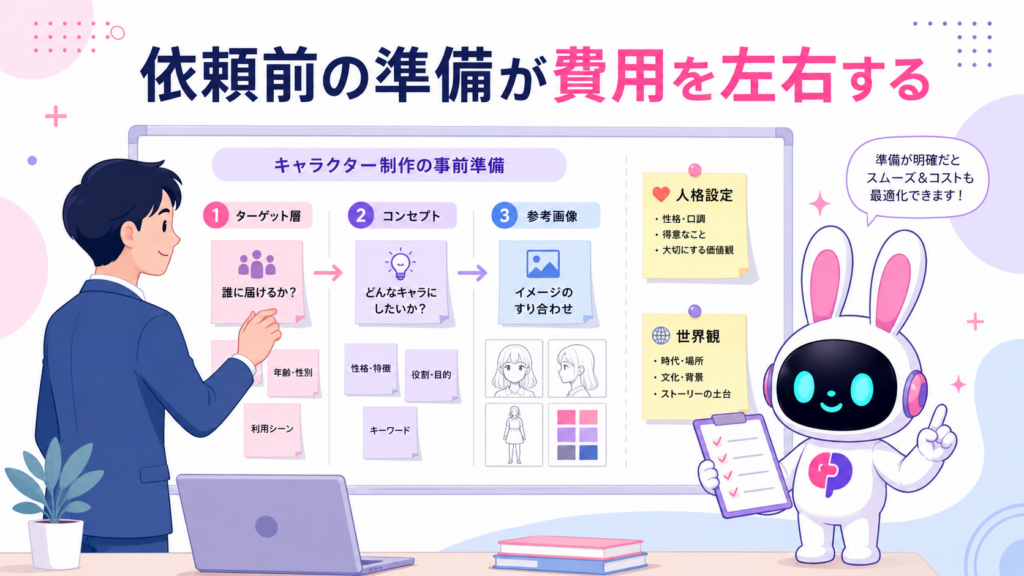 キャラクター制作 相場を抑えるために依頼前の仕様固めをしている企業担当者のイメージ