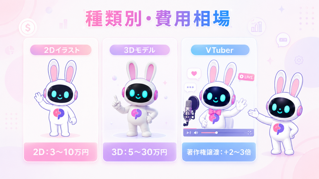 キャラクター制作 相場を2D・3D・著作権譲渡の種類別に図解したイメージ