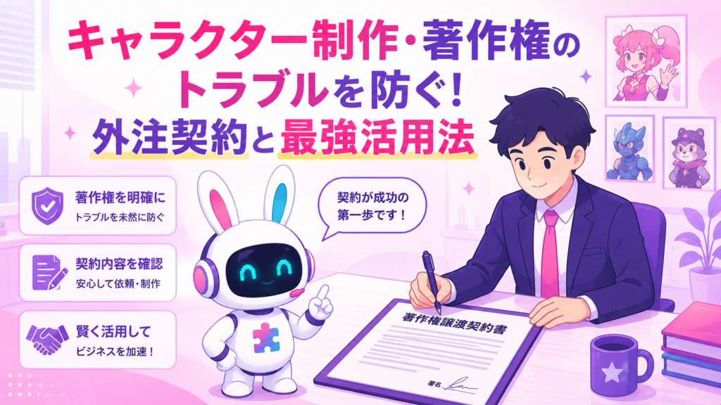 キャラクター制作 著作権トラブルを防ぐために契約書にサインしている企業担当者のイメージ