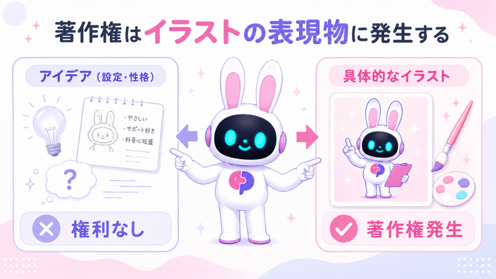 キャラクター制作 著作権がアイデアではなく具体的な表現物に発生することを図解したイメージ