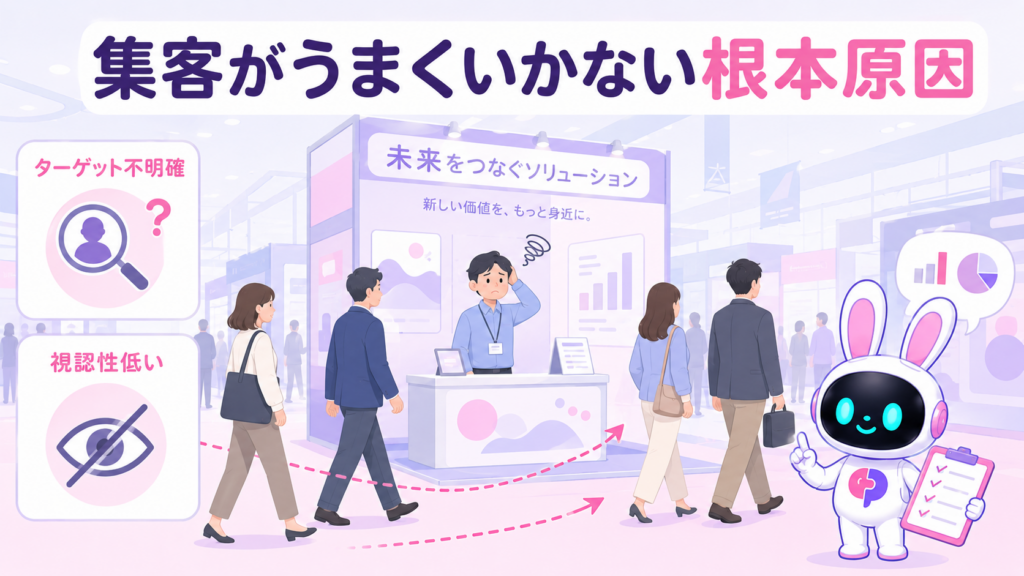 展示会ブース 集客に失敗して来場者に素通りされているブースのイメージ