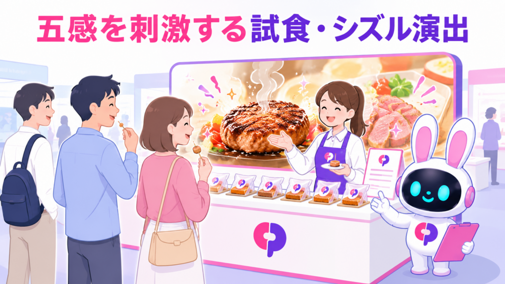 展示会ブース 集客で試食とシズル感のある装飾を活用している食品ブースのイメージ