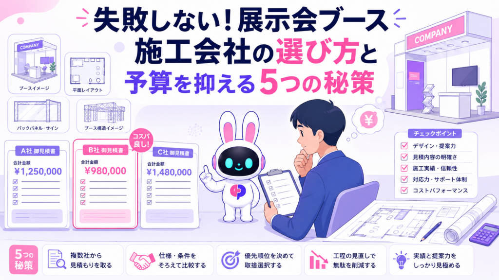 展示会ブース 施工会社の見積もりを比較・検討している企業担当者のイメージ