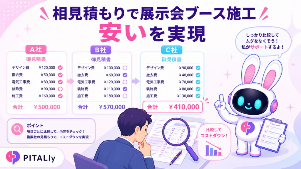 展示会ブース 施工会社の相見積もりを細かく比較して費用を抑えている担当者のイメージ