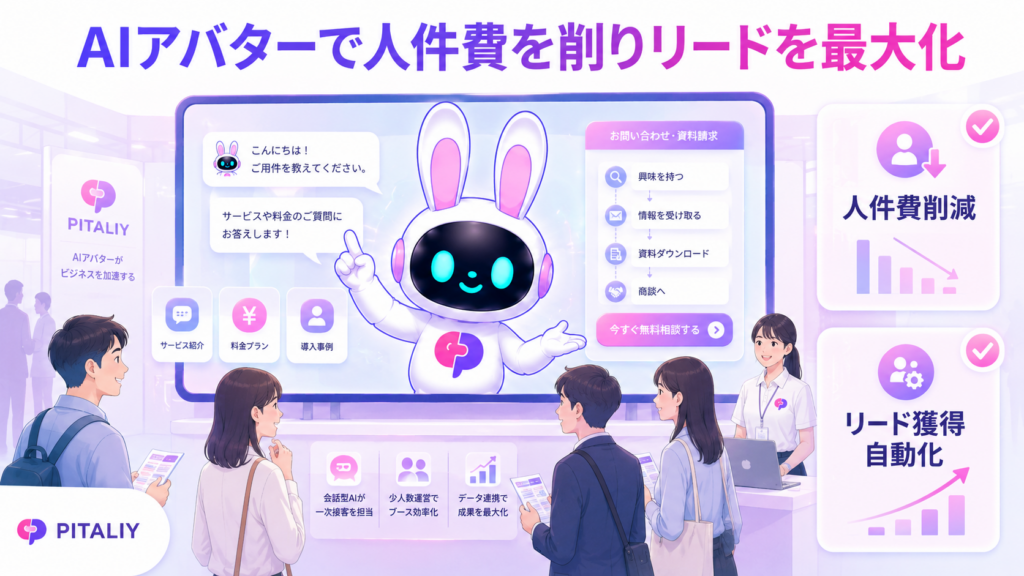 展示会ブース 施工会社と連携しPITALIyのAIアバターで人件費を削減しながらリード獲得している場面のイメージ