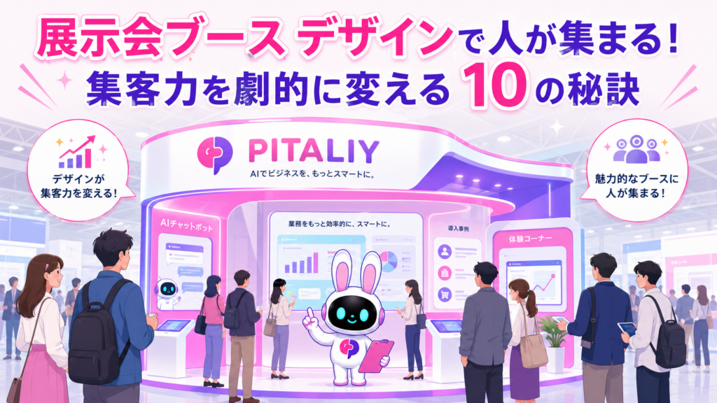 展示会ブース デザインに引き寄せられて来場者が集まっているブースのイメージ