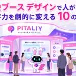 展示会ブース デザインに引き寄せられて来場者が集まっているブースのイメージ