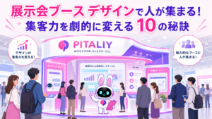 展示会ブース デザインに引き寄せられて来場者が集まっているブースのイメージ