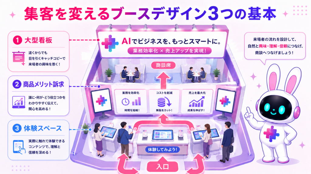 展示会ブース デザインの動線設計・看板・ブランドメッセージの3つの基本を図解したイメージ