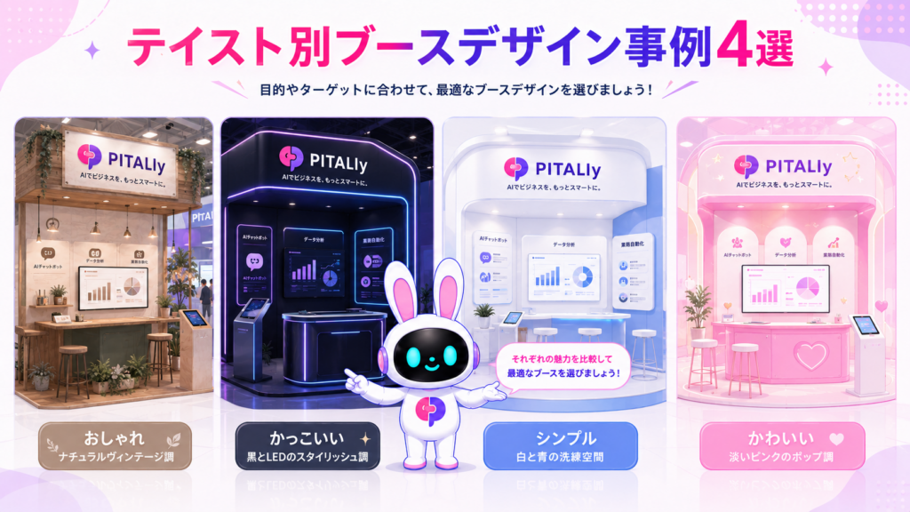 展示会ブース デザインのおしゃれ・かっこいい・シンプル・かわいいの4テイストを比較したイメージ