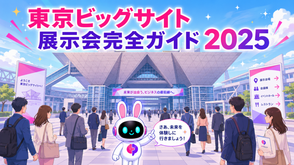東京ビッグサイト 展示会の外観とビジネスパーソンが集まるイメージ