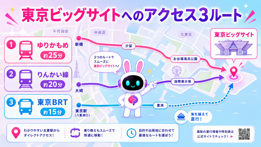 東京ビッグサイト 展示会へのゆりかもめ・りんかい線・BRTの3つのアクセスルートを図解したイメージ