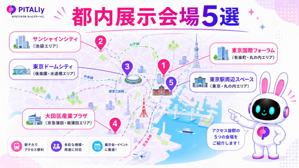 東京ビッグサイト以外の都内主要展示会場5か所を地図上に示したイメージ