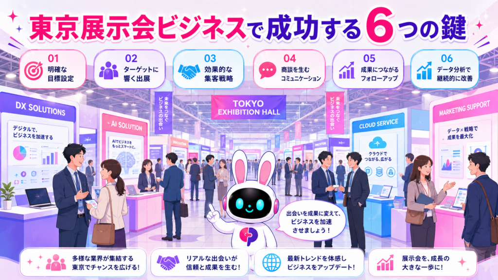 東京 展示会 ビジネスで多くのビジネスパーソンが商談・情報交換をしているイメージ