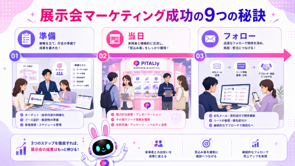 展示会マーケティングの事前準備・会期中・事後フォローの3フェーズを示すイメージ
