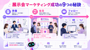 展示会マーケティングの事前準備・会期中・事後フォローの3フェーズを示すイメージ
