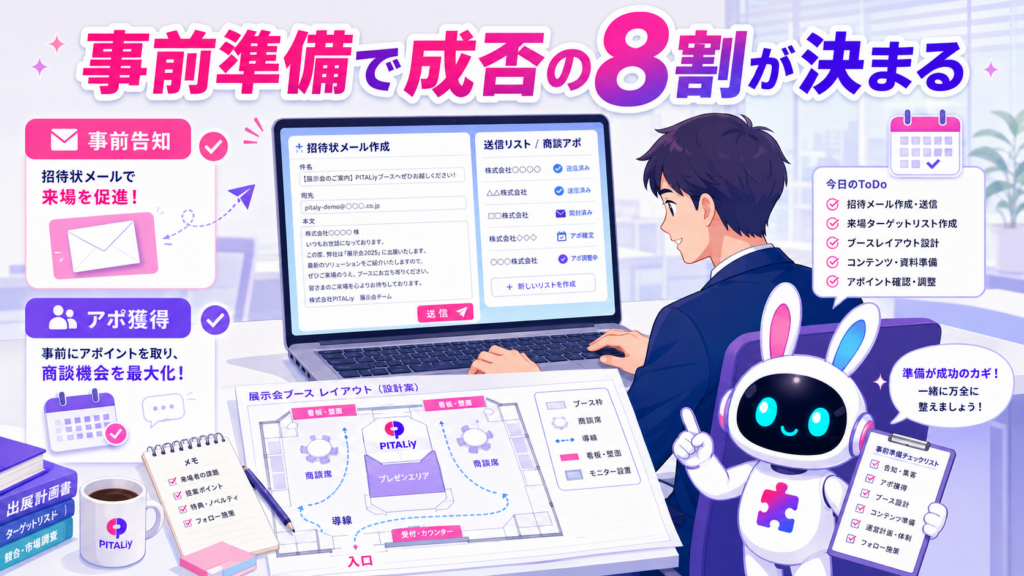 展示会マーケティングの事前準備。招待状とブース設計のイメージ