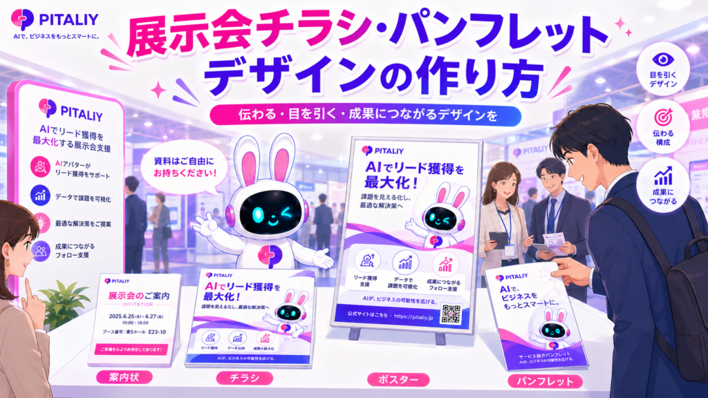 展示会 チラシ・パンフレットデザインを統一感のある形で並べたイメージ