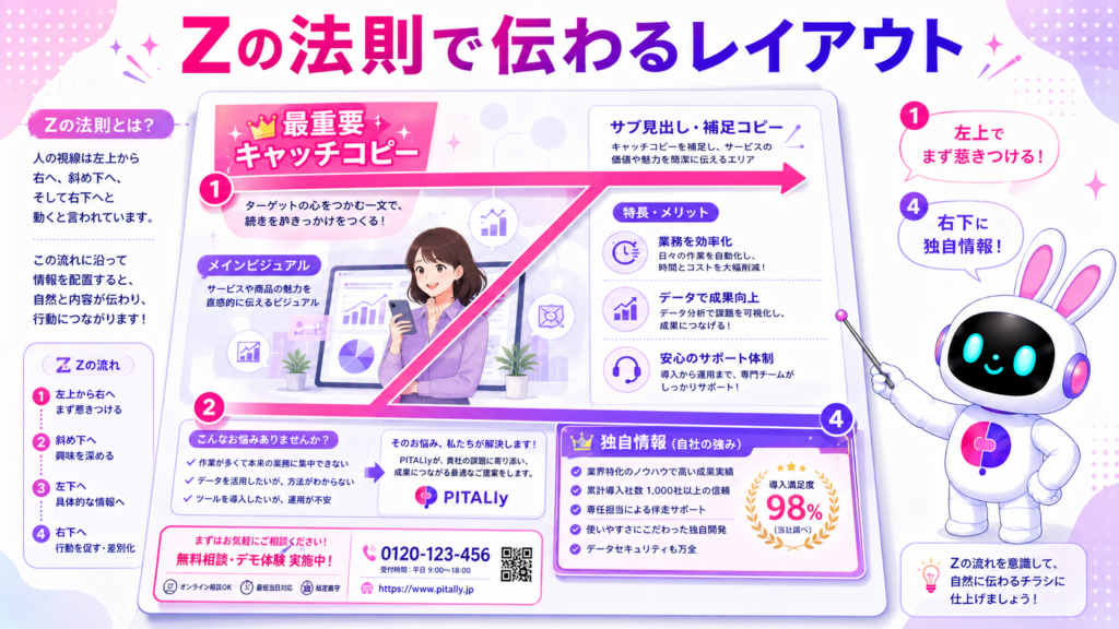 人の視線移動に基づくレイアウトのコツ。効果的な展示会 チラシ・パンフレットデザインに必須です。