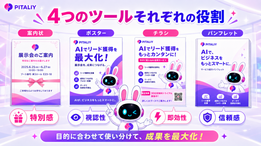 ツール別の役割比較。展示会 チラシ・パンフレットデザインの最適化に。
