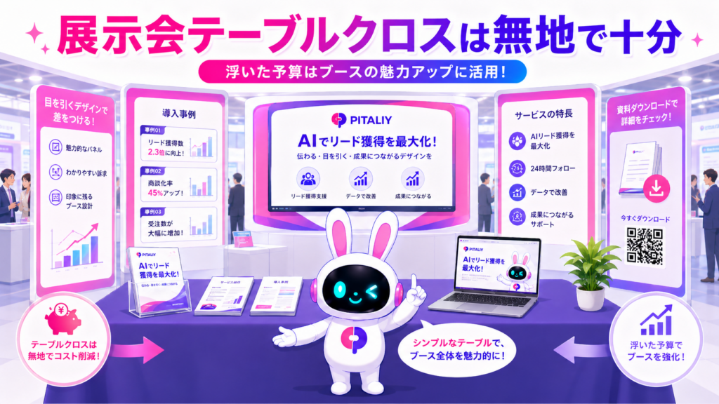 展示会 テーブルクロス 無地を使ったシンプルなブースのイメージ