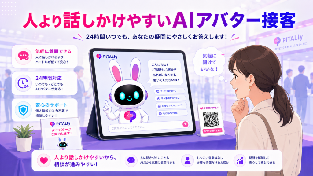 展示会 テーブルクロス 無地の空間でAIアバターが接客する