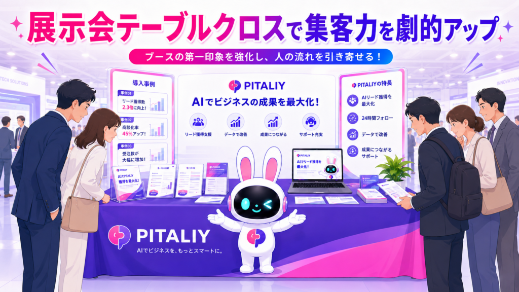 展示会 テーブルクロスを敷いたブースに来場者が立ち寄るイメージ