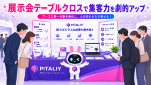 展示会 テーブルクロスを敷いたブースに来場者が立ち寄るイメージ