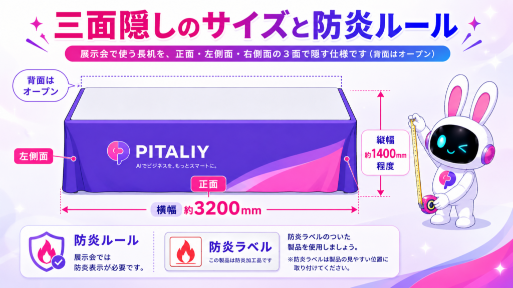 展示会 テーブルクロスのサイズと防炎加工を図解したイメージ