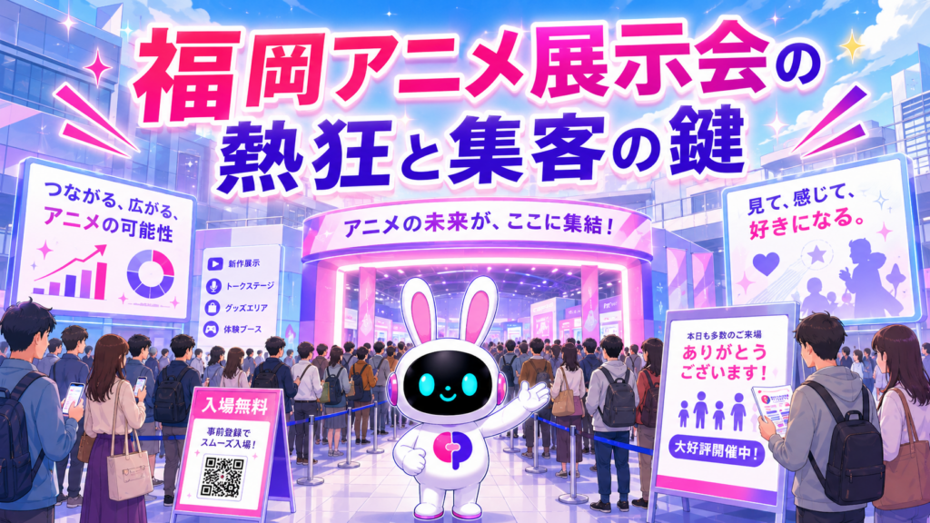 福岡 展示会 アニメで多くの来場者が列を作る熱狂的なイメージ