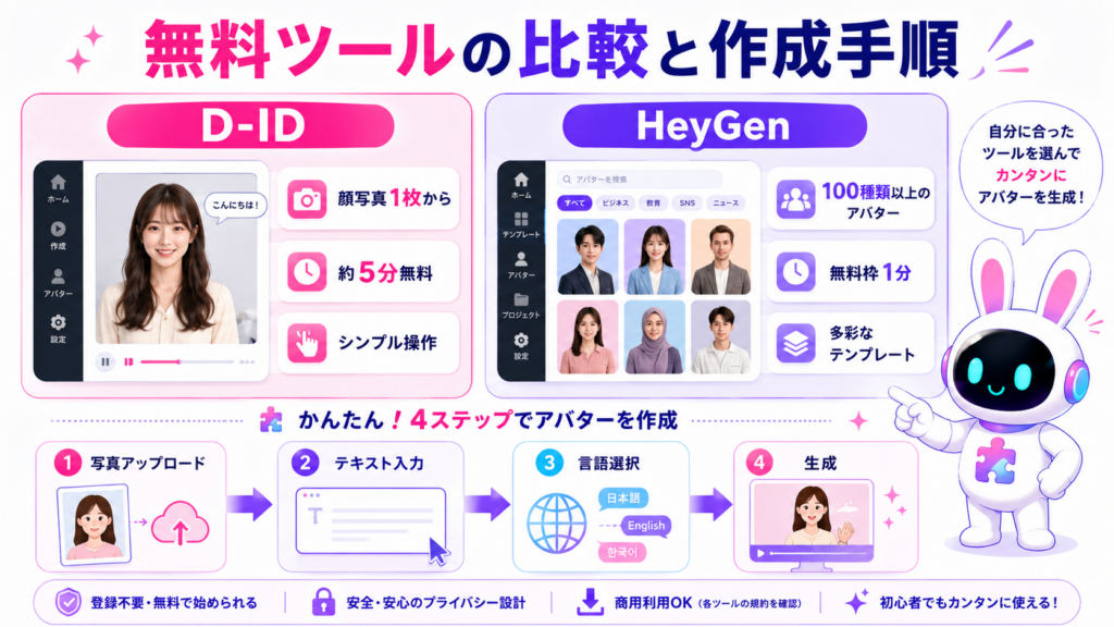 aiアバター無料動画作成ツールD-IDとHeyGenの比較と作成手順を示すイメージ
