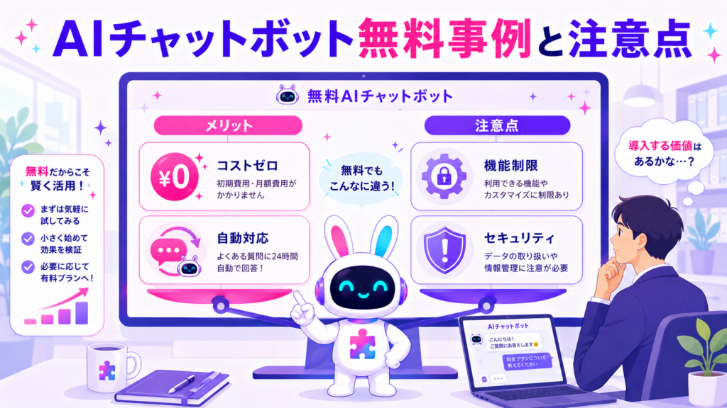 AIチャットボット 無料 事例と注意点のメリットとリスクを比較検討するイメージ