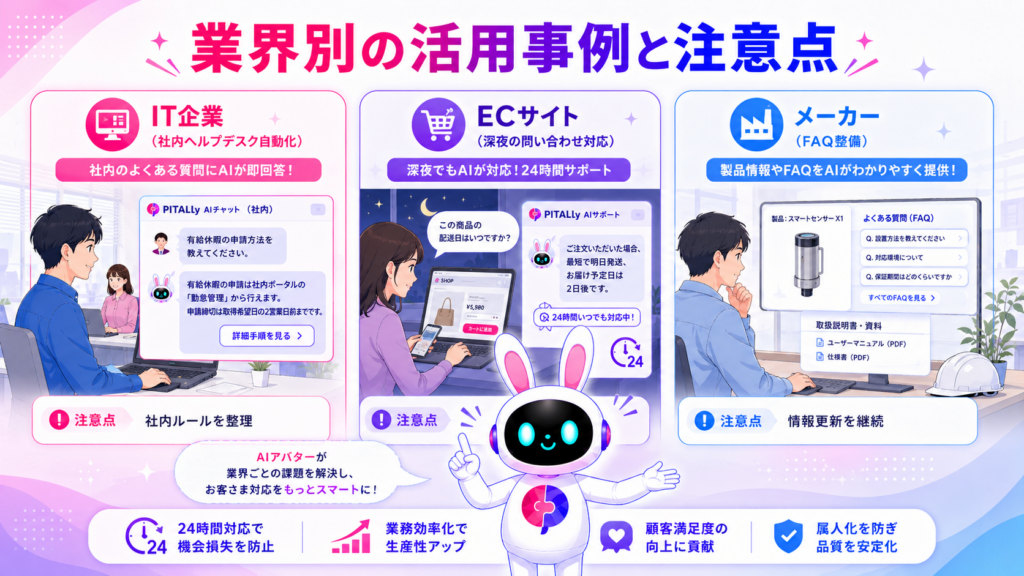 AIチャットボット 無料 事例と注意点のIT・EC・メーカーの業界別活用を示すイメージ
