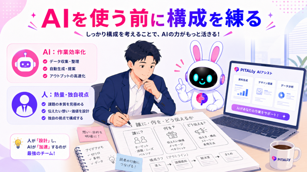 業務別 資料作成 ai を使う前に手書きで構成を練る大原則を示すイメージ