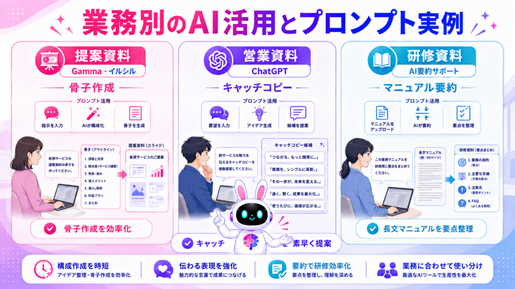 業務別 資料作成 ai の提案・営業・研修それぞれの活用法を示すイメージ