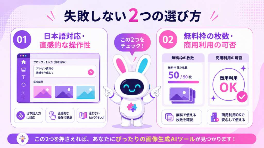 画像生成ai 無料 おすすめツールの日本語対応と商用利用という選び方を示すイメージ